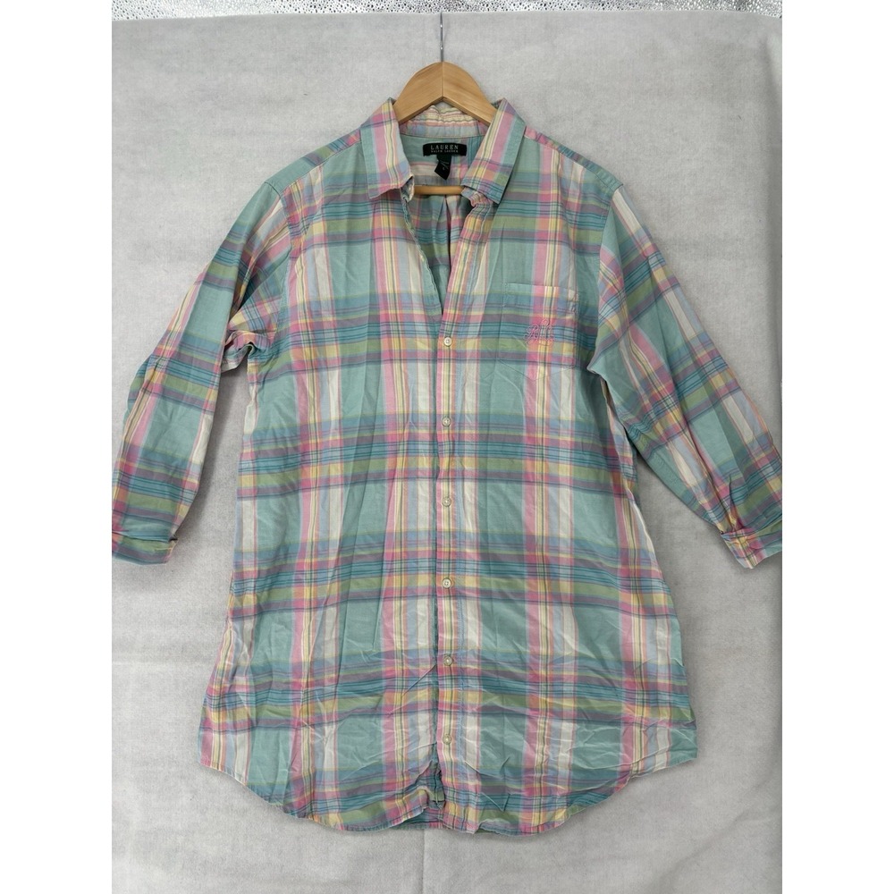 Ralph Lauren Women's L Monogram Nightshirt Pink & Blue Plaid Preppy